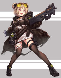 Rule 34 | 1girl, black coat, black footwear, black gloves, black thighhighs, buckle, bullpup, choker, coat, commission, double bun, eyewear on head, gas mask, girls&#039; frontline, gloves, gun, hair bun, highres, holding, holding gun, holding weapon, hood, hood down, hooded coat, horizontal magazine, light brown hair, long sleeves, magazine (weapon), mask, open clothes, open coat, open mouth, p90, p90 (girls&#039; frontline), partially fingerless gloves, personal defense weapon, pouch, red eyes, scope, shoes, short hair, skeb commission, smile, snap-fit buckle, solo, submachine gun, sunglasses, tactical clothes, thigh pouch, thighhighs, tinted eyewear, tsuki tokage, weapon, yellow-tinted eyewear