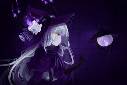 Rule 34 | 1girl, braid, candle, chandelure, fire, hat, hitsu, hitsukuya, lampent, litwick, long hair, personification, ribbon, silver hair, witch, witch hat, yellow eyes