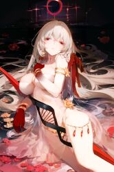 Rule 34 | 1girl, armlet, bare shoulders, body markings, bracelet, breasts, cleavage, colored skin, durga (fate), earrings, fate/grand order, fate (series), flower, fs (sdamsd21321), gradient skin, grey hair, hair ribbon, highres, jewelry, large breasts, long hair, looking at viewer, lying, pelvic curtain, polearm, red eyes, red flower, red skin, revealing clothes, ribbon, solo, spear, thighs, very long hair, weapon