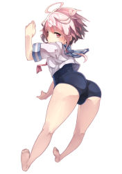 Rule 34 | 10s, 1girl, ahoge, ass, bad id, bad pixiv id, hair ornament, highres, i-58 (kancolle), kantai collection, pink hair, saraki, school swimsuit, school uniform, serafuku, short hair, simple background, solo, swimsuit, swimsuit under clothes