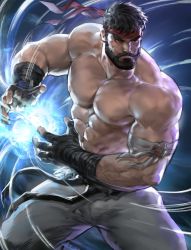 Rule 34 | 1boy, abs, bandages, bara, beard, black hair, body hair, bulge, chest hair, dopey (dopq), facial hair, fighting stance, highres, kamehameha (dragon ball), large pectorals, male focus, manly, muscular, nipples, pants, pectorals, ryu (street fighter), simple background, solo, street fighter, thick thighs, thighs, topless male