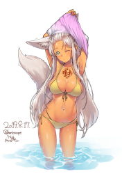 Rule 34 | 1girl, animal ear fluff, animal ears, armpits, arms up, bikini, black eyes, blush, breasts, cleavage, closed mouth, dated, forehead, fox ears, fox tail, head tilt, herio, large breasts, long hair, navel, one eye closed, original, pink shirt, ribbon, shirt, side-tie bikini bottom, signature, silver hair, simple background, solo, standing, swimsuit, tail, tattoo, thighhighs, twitter username, undressing, very long hair, wading, water, white background, yellow bikini, yellow eyes, yellow ribbon