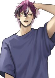 1boy arm_behind_head arm_up blue_shirt commentary crew_neck doppio_dropscythe hair_between_eyes highres layla_p0g male_focus multicolored_hair nijisanji nijisanji_en open_mouth purple_hair shirt short_sleeves simple_background solo streaked_hair t-shirt teeth upper_body upper_teeth_only virtual_youtuber white_background yellow_eyes