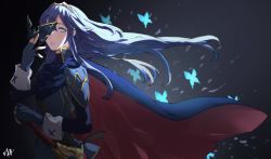 Rule 34 | 1girl, armor, blue eyes, blue hair, blurry, bug, butterfly, cape, dark background, depth of field, falchion (fire emblem), fingerless gloves, fire emblem, fire emblem awakening, gloves, highres, insect, long hair, looking at viewer, lucina (fire emblem), nintendo, parted lips, pauldrons, removing mask, sakuremi, sheath, sheathed, shoulder armor, signature, solo, sword, symbol-shaped pupils, tiara, weapon