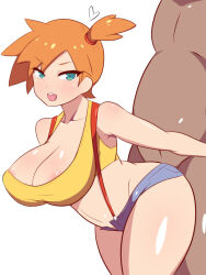 Rule 34 | 1boy, 1girl, breasts, cleavage, clothed female nude male, creatures (company), dd (giogio99), denim, denim shorts, fat, fat man, game freak, green eyes, highres, large breasts, misty (pokemon), nintendo, nude, orange hair, pokemon, pokemon (anime), pokemon (classic anime), sex, short shorts, shorts, side ponytail, suspenders, tank top