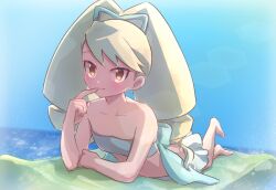 1girl bare_shoulders barefoot beach_towel bikini blonde_hair bow brown_eyes closed_mouth commentary_request drill_hair full_body hair_bow kika_tohoku long_hair luna_platz_(mega_man) lying mega_man_(series) mega_man_star_force_(series) official_alternate_costume on_stomach rockman_xover smile solo swimsuit towel twin_drills white_bikini white_bow