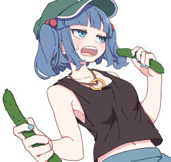 Rule 34 | 1girl, black tank top, blue eyes, blue hair, blue nails, blue skirt, blush, collarbone, cucumber, fingernails, flat cap, food, green hat, hair bobbles, hair ornament, hat, highres, holding, holding food, holding vegetable, kame (kamepan44231), kawashiro nitori, nail polish, navel, open mouth, revision, short hair, simple background, skirt, solo, tank top, touhou, two side up, upper body, vegetable, white background