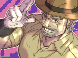 Rule 34 | 1boy, bara, beard stubble, facial hair, fedora, from above, gloves, green eyes, grey hair, grin, hand up, hat, jojo no kimyou na bouken, joseph joestar, joseph joestar (old), large pectorals, male focus, mature male, muscular, muscular male, mustache stubble, old, old man, one eye closed, onionworkshop, paid reward available, pectorals, salute, short hair, smile, solo, stardust crusaders, stubble, two-finger salute, upper body, wrinkled skin