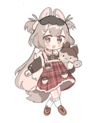 Rule 34 | 1girl, :d, animal ear fluff, animal ears, backpack, bag, black shirt, blush, blush stickers, brown eyes, brown footwear, brown hair, chibi, child, crossed legs, dress, fang, frills, full body, grey hair, hair ornament, highres, holding, holding stuffed toy, jjjjmmn errr, long hair, long sleeves, looking at viewer, multicolored hair, open mouth, original, plaid, plaid dress, plaid skirt, puffy long sleeves, puffy sleeves, red skirt, shirt, shoes, short eyebrows, simple background, sketch, skirt, smile, socks, solo, squirrel (jjjjmmn err), standing, stuffed animal, stuffed toy, tail, thick eyebrows, two side up, very long hair, white background, white socks