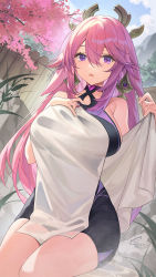 Rule 34 | 1girl, animal ears, breasts, catsmoon, cherry blossoms, choker, fox ears, genshin impact, hair ornament, highres, large breasts, looking at viewer, onsen, outdoors, parted lips, pink hair, purple eyes, solo, thighs, yae miko