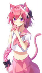 Rule 34 | 1boy, absurdres, animal ear fluff, animal ears, astolfo (fate), astolfo (sailor paladin) (fate), black bow, blush, bow, braid, cat boy, cat ears, cat tail, cellphone, closed mouth, collarbone, crossed bangs, fang, fate/apocrypha, fate/grand order, fate (series), hair between eyes, hair bow, hair intakes, highres, holding, holding phone, kemonomimi mode, long braid, long hair, looking at viewer, male focus, midriff, multicolored hair, navel, neckerchief, phone, pink hair, pink neckerchief, pink sailor collar, pink serafuku, pink skirt, pink tail, pleated skirt, purple eyes, sailor collar, school uniform, serafuku, shirt, short sleeves, simple background, single braid, skin fang, skirt, smartphone, solo, streaked hair, tail, thighhighs, trap, two-tone hair, upper body, white background, white hair, white shirt, white thighhighs, yeoru