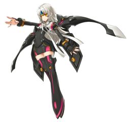 Rule 34 | 1girl, armor, armored boots, black gloves, boots, code: nemesis (elsword), elsword, eve (elsword), fingerless gloves, full body, gloves, long hair, official art, outstretched arm, ress, silver hair, solo, transparent background, yellow eyes