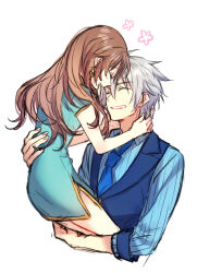 Rule 34 | 1boy, 1girl, aqua dress, blue necktie, blue shirt, blue vest, brown hair, carrying, carrying person, china dress, chinese clothes, closed eyes, collared shirt, cropped torso, crow armbrust, dress, eiyuu densetsu, grey hair, grin, highres, long hair, necktie, sen no kiseki, sen no kiseki iv, shirt, short hair, smile, soap (user kghh4755), striped clothes, striped shirt, towa herschel, upper body, vest