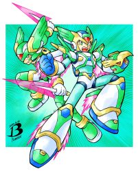 Rule 34 | 2boys, android, armor, blue eyes, bodysuit, boots, clenched hand, clenched teeth, dual wielding, energy blade, gloves, green background, green eyes, sage harpuia (mega man), highres, holding, hovering, male focus, mega man (series), x (mega man), mega man x (series), mega man zero (series), multiple boys, open mouth, pn13ban, screaming, sword, teeth, upper teeth only, weapon, white background