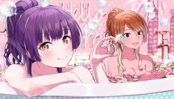 Rule 34 | 2girls, :d, alternate hair color, alternate hairstyle, bathing, bathtub, blonde hair, blush, breasts, brown eyes, brown hair, cleavage, collarbone, completely nude, flower, gradient hair, gyaru, hair up, hibiscus, highres, holding, holding flower, idolmaster, idolmaster shiny colors, indoors, industrial pipe, izumi mei, large breasts, lens flare, long hair, looking at viewer, mayuzumi fuyuko, multicolored hair, multiple girls, neon lights, nude, open mouth, partially submerged, polka dot, purple hair, same-sex bathing, shaka (staito0515), shared bathing, smile, soap bubbles, tan, water drop, wet