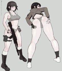 Rule 34 | 1girl, abs, absurdres, alternate costume, armpits, artist name, ass, assault rifle, black footwear, black hair, blush, bra, brown coat, brown hat, brown jacket, calf boots, calf socks, cameltoe, closed mouth, coat, collared jacket, danganronpa: trigger happy havoc, danganronpa (series), ears, female focus, fingerless gloves, freckles, from behind, frown, full body, gloves, grey background, grey bra, grey eyes, grey panties, gun, hand tattoo, hat, highres, ikusaba mukuro, jacket, legs, multiple views, muscular, muscular arms, muscular female, muscular legs, navel, nipples through clothes, nipples visible through clothes, nose, one glove, panties, pussy, redvenvs, rifle, shiny skin, signature, simple background, solo, spread ass, spread legs, spread pussy, sweat, sweatdrop, tattoo, underwear, weapon, weapon request, white footwear