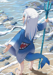 Rule 34 | 1girl, absurdres, animal costume, animal hood, beach, blue eyes, blue hair, blue hoodie, dscreation (alan dwi29), fins, fish tail, from behind, full body, gawr gura, gawr gura (1st costume), grey hair, hair ornament, highres, holding trident, hololive, hololive english, hood, hoodie, medium hair, multicolored hair, no shoes, open mouth, outdoors, outstretched arms, polearm, shark costume, shark girl, shark hair ornament, shark hood, shark print, shark tail, solo, streaked hair, tail, trident, two side up, virtual youtuber, water, weapon
