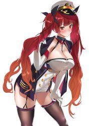 Rule 34 | 1girl, absurdres, azur lane, black thighhighs, blush, breasts, chain, cleavage, collar, dress, elbow gloves, gloves, hair ribbon, hat, highres, honolulu (azur lane), hotate-chan, jacket, jacket on shoulders, large breasts, long hair, looking at viewer, red eyes, red hair, ribbon, solo, thighhighs, thighs, twintails, very long hair