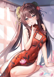 Rule 34 | 1girl, ahoge, alternate costume, arm support, breasts, brown hair, bun cover, china dress, chinese clothes, cleavage cutout, clothing cutout, curtains, dress, eric (tianqijiang), finger to mouth, floral print, genshin impact, hair ornament, highres, hu tao (genshin impact), index finger raised, indoors, leaning to the side, pelvic curtain, red dress, red eyes, side slit, sitting, sleeveless, sleeveless dress, small breasts, solo, symbol-shaped pupils, tassel, tassel hair ornament, thighs, twintails, window