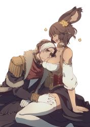 Rule 34 | 1boy, 1girl, 1koma, :d, absurdres, animal ears, arm support, warrior of light (ff14), bare shoulders, breasts, brown hair, choker, cleavage, closed eyes, closed mouth, coat, collarbone, comic, corset, dirndl, dress, emet-selch, fermium.ice, fictional persona, final fantasy, final fantasy xiv, flower, german clothes, gloves, hair flower, hair ornament, half-closed eyes, hand on another&#039;s head, hand on another&#039;s thigh, head on chest, headpat, highres, jacket, large breasts, long sleeves, medium hair, multicolored hair, open mouth, rabbit ears, sidelocks, silent comic, simple background, sitting, skindentation, smile, tearing up, teeth, thighhighs, third eye, two-tone hair, underbust, upper teeth only, viera, white background, white hair, white thighhighs, yellow eyes, |d