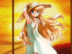 Rule 34 | 1girl, arm behind back, arm up, armpits, chain-link fence, colette brause, dress, elf, fence, flat chest, floating hair, flower, game cg, hair between eyes, hand on headwear, hat, jewelry, karen (artist), long hair, long pointy ears, looking at viewer, necklace, outdoors, pastel chime, pendant, pointy ears, sidelocks, sky, smile, solo, standing, straw hat, sun, sun hat, sundress, sunflower, sunset, very long hair, wavy hair, wind