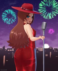 Rule 34 | 1girl, ass, bare shoulders, blue eyes, blush, breasts, brown hair, choker, city, donkey kong (series), dress, earrings, female focus, fireworks, hat, hip focus, jewelry, kuroonehalf, lipstick, long hair, looking at viewer, looking back, makeup, mario (series), microphone, microphone stand, nail polish, night, night sky, nintendo, open mouth, outdoors, pauline (mario), red dress, red hat, red lips, sky, small breasts, smile, solo, star (sky), star (symbol), super mario odyssey