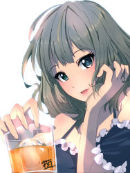 Rule 34 | 10s, 1girl, alcohol, bare shoulders, blue eyes, blush, brown hair, close-up, cup, dress, drinking glass, fringe trim, glass, green eyes, heterochromia, highres, ice, idolmaster, idolmaster cinderella girls, looking at viewer, mistrail, mole, mole under eye, open mouth, short hair, simple background, smile, solo, takagaki kaede, upper body