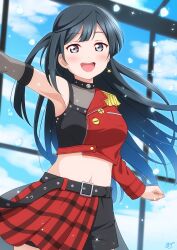 Rule 34 | 1girl, absurdres, armpits, asymmetrical jacket, asymmetrical skirt, belt, black belt, black eyes, black hair, black shirt, black shorts, blue sky, blush, breasts, buttons, clenched hand, cloud, crop top, detached sleeves, dive! (love live!), epaulettes, eyelashes, glass wall, half-skirt, hand up, haruharo (haruharo 7315), highres, jacket, long hair, long sleeves, looking at viewer, love live!, love live! nijigasaki high school idol club, medium breasts, midriff, navel, open mouth, overskirt, plaid, plaid skirt, red jacket, red skirt, see-through, shirt, shorts, side ponytail, signature, single epaulette, skirt, sky, smile, solo, tank top, teeth, upper teeth only, water drop, yuki setsuna (love live!)