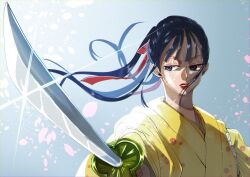 Rule 34 | 1boy, blue eyes, commentary request, floating hair, hair ribbon, highres, holding, holding sword, holding weapon, japanese clothes, kikunojo (one piece), kimono, looking to the side, male focus, one piece, petals, piry, ponytail, red lips, red ribbon, ribbon, sidelocks, solo, sword, upper body, weapon, yellow kimono