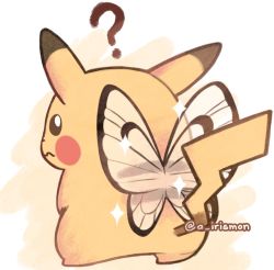 Rule 34 | ?, artist name, butterfree, closed mouth, commentary, creatures (company), english commentary, game freak, gen 1 pokemon, insect wings, kanda (kandapsd), looking back, nintendo, pikachu, pokemon, pokemon (creature), sparkle, watermark, wavy mouth, wings