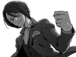 Rule 34 | 1boy, :d, asada hachi, ascot, blue eyes, buttons, clenched hands, collared shirt, commentary request, dress shirt, glasses, grey background, greyscale, hair between eyes, idolmaster, idolmaster side-m, jacket, long sleeves, looking at viewer, male focus, monochrome, open clothes, open jacket, open mouth, sakuraba kaoru, shirt, short hair, simple background, smile, solo, spot color, striped clothes, striped shirt, twitter username, upper body, vertical-striped clothes, vertical-striped shirt, watermark