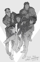 Rule 34 | 1girl, 4boys, arms behind back, glasses, grey hair, greyscale, highres, hunk (voltron), hyakujuu-ou golion, keith (voltron), lance (voltron), looking at viewer, looking up, monochrome, multicolored hair, multiple boys, pidge gunderson, scar, smile, steve ahn, takashi shirogane, two-tone hair