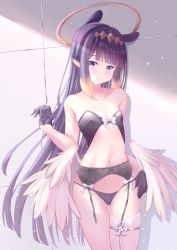 Rule 34 | 1girl, bare shoulders, breasts, collarbone, commentary, garter belt, garter straps, gloves, halo, harada haruki, highres, hololive, hololive english, long hair, looking at viewer, navel, ninomae ina&#039;nis, panties, panties over garter belt, pointy ears, purple eyes, purple hair, single thighhigh, skindentation, small breasts, smile, solo, thighhighs, underwear, underwear only, virtual youtuber, white thighhighs, wings