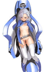 Rule 34 | 1girl, asymmetrical bangs, bad id, bad pixiv id, belt, belt skirt, blue eyes, blue hair, boots, bottomless, breasts, censored, cockpit, fin e ld si laffinty, flower, hair flower, hair ornament, hand on own chest, navel, nipples, photoshop (medium), pussy, revealing clothes, rinne no lagrange, saitou masatsugu, short hair, sitting, small breasts, solo, thighhighs, white thighhighs