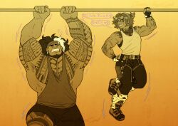 Rule 34 | 2boys, absurdres, armpit hair, armpits, artist name, bar (place), bara, biceps, boots, earrings, exercising, fangs, fingerless gloves, full-body tattoo, gloves, hand on own hip, highres, jewelry, large pectorals, leather, leather belt, leg belt, long hair, looking at another, male focus, manly, mature male, mauga (overwatch), multiple boys, muscular, muscular male, nipples, overwatch, overwatch 2, pectorals, ponytail, shorts, signature, simple background, smile, tank top, tattoo, teeth, thick arms, thick eyebrows, thick thighs, thighs, venture (overwatch), wavy hair, yellow background, zandiiangelspit