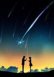 Rule 34 | 1boy, 1girl, absurdres, copyright request, from side, harada miyuki, highres, looking at another, night, outdoors, standing, star (symbol)