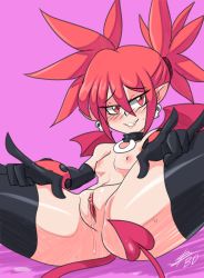 Rule 34 | 1girl, ass, bigdead, breasts, bush, clitoris, disgaea, etna (disgaea), female focus, highres, nipples, pointy ears, pussy, pussy juice, shiny skin, skull, small breasts, solo, spread legs, sweat, tail, uncensored, wings