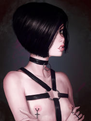 Rule 34 | 1boy, androgynous, bad id, bad pixiv id, bare shoulders, bdsm, black hair, black neckwear, blue eyes, bob cut, bondage, bound, breasts, brown eyes, caustic crayon, choker, collar, collarbone, commentary, cross, crossed arms, flat chest, hair over one eye, harness, highres, inverted cross, jewelry, leather, lip piercing, lips, long image, looking at viewer, male focus, multicolored eyes, nipple piercing, nipples, open mouth, original, parted lips, perky breasts, piercing, ring, short hair, simple background, small nipples, solo, swept bangs, tall image, trap, upper body