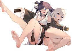 Rule 34 | 2girls, absurdres, ass, azur lane, bare shoulders, barefoot, black dress, black hair, black panties, black ribbon, black skirt, blue eyes, breasts, cellphone, choker, cleavage, commentary, criss-cross halter, detached sleeves, dress, feet, feet up, foot focus, frilled choker, frilled sleeves, frills, gloves, grey hair, grin, hair ribbon, half gloves, halterneck, highres, holding, holding phone, jade (a good girl&#039;s magic) (azur lane), jade (azur lane), large breasts, liverpool (azur lane), long sleeves, looking at viewer, multiple girls, nail polish, official alternate costume, one eye closed, open mouth, panties, phone, purple nails, ribbon, simple background, skirt, smartphone, smile, soles, sp (8454), teeth, thighs, toes, underboob, underwear, v-shaped eyebrows, white background, wide sleeves