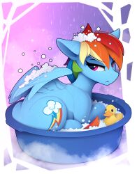 Rule 34 | absurdres, bath, blue fur, bubble bath, highres, looking at viewer, multicolored hair, my little pony, my little pony: friendship is magic, no humans, pegasus, pegasus wings, pink eyes, rainbow dash, rainbow hair, rubber duck, solo, yakovlev-vad