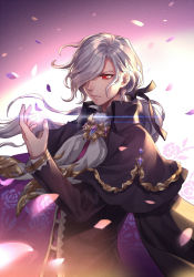 Rule 34 | 1boy, alternate costume, capelet, closed mouth, coat, edmond dantes (fate), fate/grand order, fate (series), frown, glint, grey hair, grey scarf, hair over one eye, hand up, kangetsu (fhalei), long hair, long sleeves, looking down, male focus, one eye covered, petals, purple background, red eyes, scarf, solo, upper body