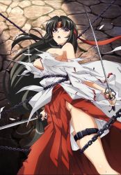 Rule 34 | 10s, 1girl, black hair, blush, chain, female focus, japanese clothes, long hair, miko, purple eyes, queen&#039;s blade, queen&#039;s blade rebellion, solo, sword, tomoe (queen&#039;s blade), torn clothes, weapon