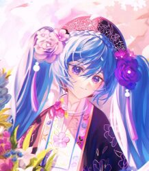 Rule 34 | 1girl, ao nhat binh, blue hair, floral print, flower, hair flower, hair ornament, hatsune miku, highres, khan van, purple eyes, purple flower, smile, solo, tassel, theazureciel, twintails, vietnamese dress, vocaloid