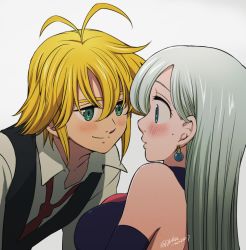 Rule 34 | 1boy, 1girl, antenna hair, blonde hair, blue eyes, blue shirt, blue sleeves, blush, detached sleeves, earrings, elizabeth liones, eye contact, green eyes, grey background, grey shirt, hair between eyes, harumiya, jewelry, long hair, looking at another, meliodas, nanatsu no taizai, necktie, parted lips, red neckwear, shirt, silver hair, simple background, sleeveless, sleeveless shirt, smile