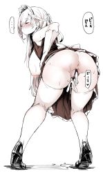 Rule 34 | 1girl, absurdres, anus, ass, azur lane, bar censor, belfast (azur lane), blush, braid, breasts, breasts out, censored, closed eyes, clothes lift, commentary request, cum, cum in pussy, cumdrip, dress, dress lift, elbow gloves, female pubic hair, freedom nakai, french braid, from behind, gloves, hanging breasts, highres, large breasts, long hair, maid, maid headdress, nipples, no panties, nose blush, pubic hair, side braid, simple background, solo, standing, sweat, thighhighs, v, white background, white thighhighs