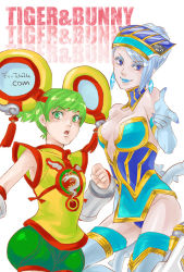 Rule 34 | 10s, 2girls, bare shoulders, blue eyes, blue hair, blue rose (tiger &amp; bunny), boots, breasts, chinese clothes, cleavage, detached sleeves, dragon kid, earrings, elbow gloves, fingernails, fingernails over gloves, gloves, green eyes, green hair, hat, huang baoling, jewelry, karina lyle, lipstick, makeup, medium breasts, multiple girls, pointing, short hair, shorts, superhero costume, thigh boots, thighhighs, tiger &amp; bunny, wabisuke2