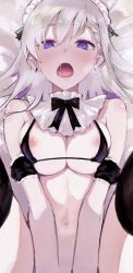Rule 34 | 1girl, bikini, black bikini, black bow, black thighhighs, blue eyes, blush, bottomless, bow, bowtie, braid, breasts, breasts squeezed together, breath, detached collar, earrings, full-face blush, fv4000005, grey hair, hair between eyes, heart, heart-shaped pupils, highres, hisakawa hayate, idolmaster, idolmaster cinderella girls, jewelry, long hair, looking at viewer, lying, maid headdress, medium breasts, micro bikini, navel, on back, open mouth, orgasm, out-of-frame censoring, saliva, side braid, solo, spread legs, swimsuit, symbol-shaped pupils, thighhighs, v arms
