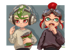 Rule 34 | 1boy, 1girl, aqua eyes, artist name, bag of chips, black sweater, chips (food), closed mouth, fangs, food, goggles, goggles on head, green hair, hair bun, hand up, headphones, inkling, inkling girl, inkling player character, long sleeves, mohawk, nintendo, octoling, octoling boy, octoling player character, ohil (ohil822), open mouth, pointy ears, red eyes, red hair, short hair, single hair bun, splatoon (series), splatoon 2, suction cups, sweater, teeth, tentacle hair, upper body, white sweater