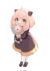 Rule 34 | 1girl, anya (spy x family), black dress, child, commentary request, corrupted twitter file, dress, full body, green eyes, highres, hugging doll, hugging object, light blush, long hair, long sleeves, looking at viewer, no-kan, pink hair, simple background, solo, spy x family, standing, white background