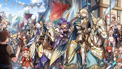 Rule 34 | 6+boys, 6+girls, absurdres, albedo (genshin impact), alternate costume, amber (genshin impact), armor, armored boots, armored dress, banner, battle standard, blonde hair, blue eyes, blue hair, boots, cloak, closed mouth, crowd, diluc (genshin impact), eula (genshin impact), genshin impact, hat, high ponytail, highres, hood, horse, in-universe location, jean (genshin impact), kaeya (genshin impact), klee (genshin impact), lisa (genshin impact), long hair, lumine (genshin impact), mhunter 45, mika (genshin impact), multiple boys, multiple girls, noelle (genshin impact), open mouth, paimon (genshin impact), ponytail, purple eyes, shield, short hair, shoulder armor, smile, war banner, witch hat